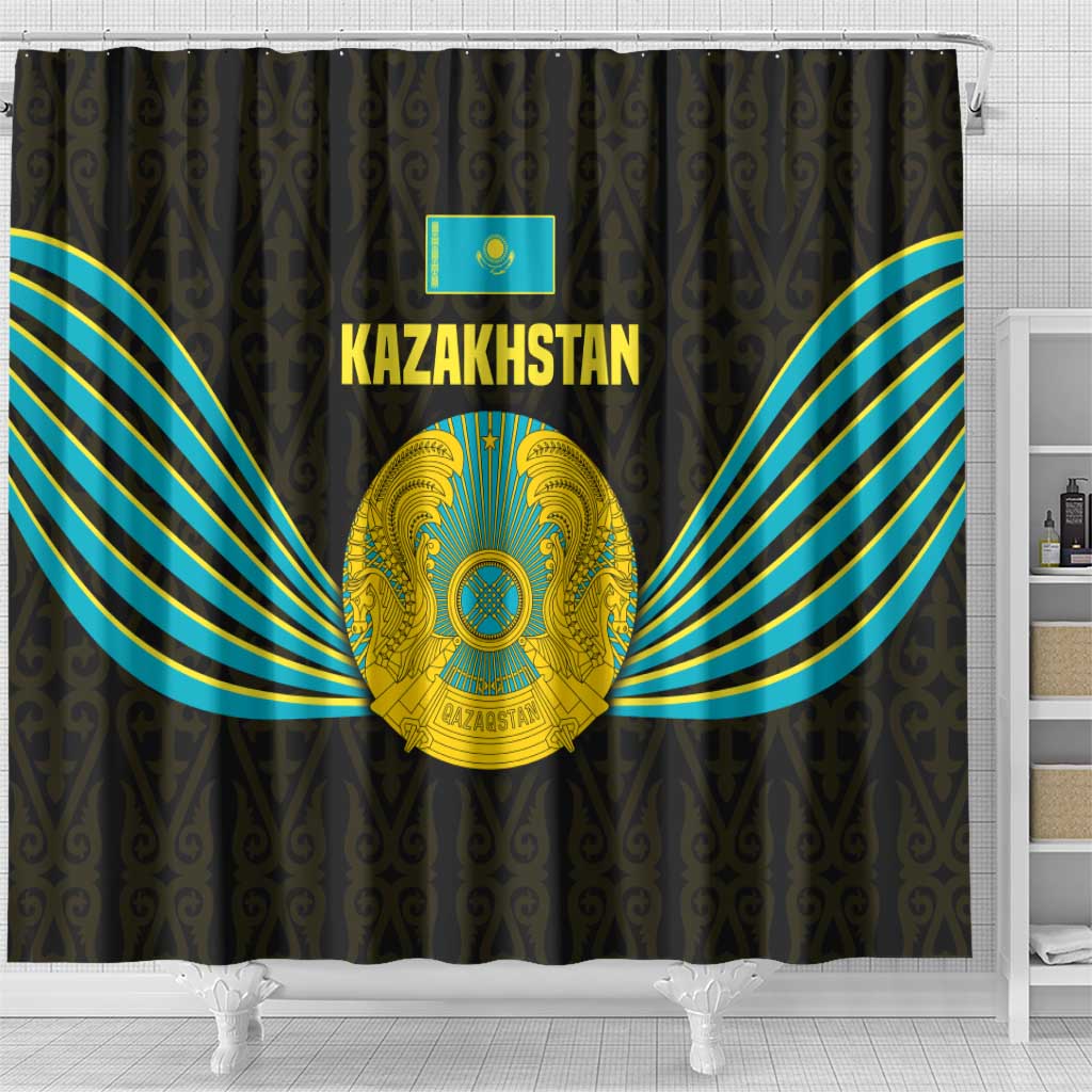 Kazakhstan National Emblem Shower Curtain with Black Tribal Pattern and Sun Eagle Motif