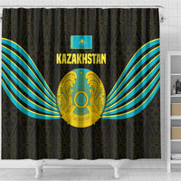 Kazakhstan National Emblem Shower Curtain with Black Tribal Pattern and Sun Eagle Motif