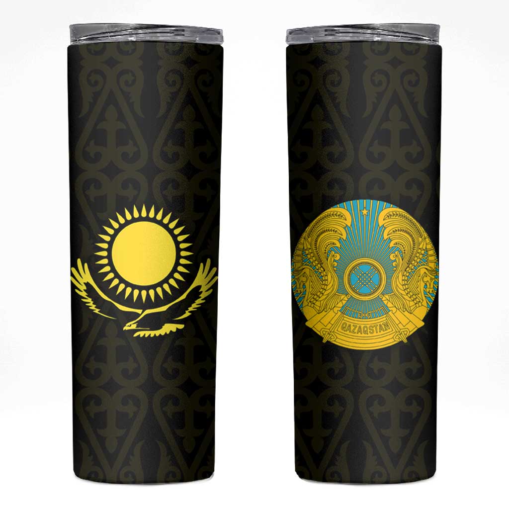 Kazakhstan National Emblem Skinny Tumbler with Black Tribal Pattern and Sun Eagle Motif