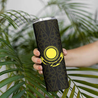 Kazakhstan National Emblem Skinny Tumbler with Black Tribal Pattern and Sun Eagle Motif
