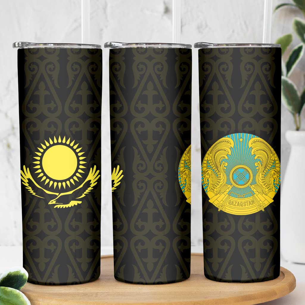 Kazakhstan National Emblem Skinny Tumbler with Black Tribal Pattern and Sun Eagle Motif