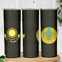 Kazakhstan National Emblem Skinny Tumbler with Black Tribal Pattern and Sun Eagle Motif