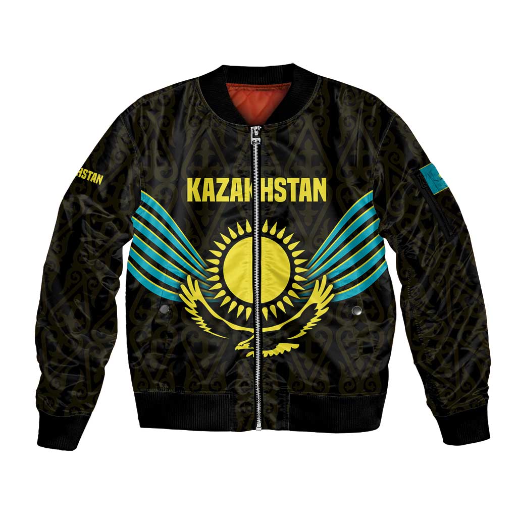 Kazakhstan National Emblem Sleeve Zip Bomber Jacket with Black Tribal Pattern and Sun Eagle Motif