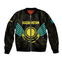 Kazakhstan National Emblem Sleeve Zip Bomber Jacket with Black Tribal Pattern and Sun Eagle Motif