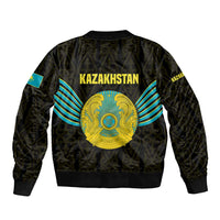 Kazakhstan National Emblem Sleeve Zip Bomber Jacket with Black Tribal Pattern and Sun Eagle Motif