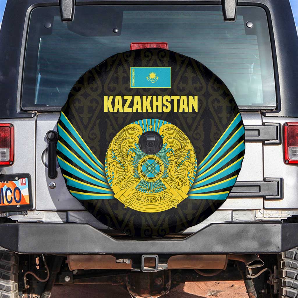 Kazakhstan National Emblem Spare Tire Cover with Black Tribal Pattern and Sun Eagle Motif