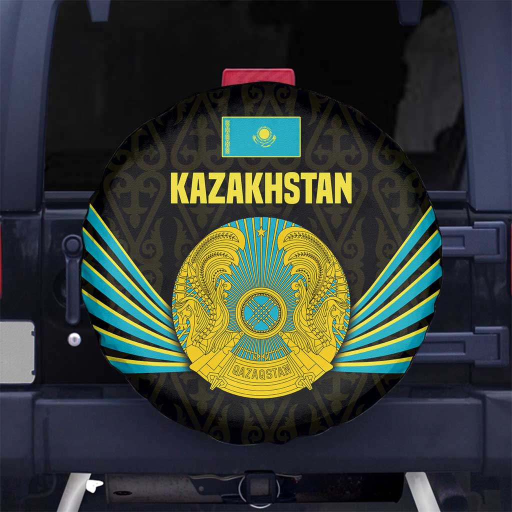 Kazakhstan National Emblem Spare Tire Cover with Black Tribal Pattern and Sun Eagle Motif
