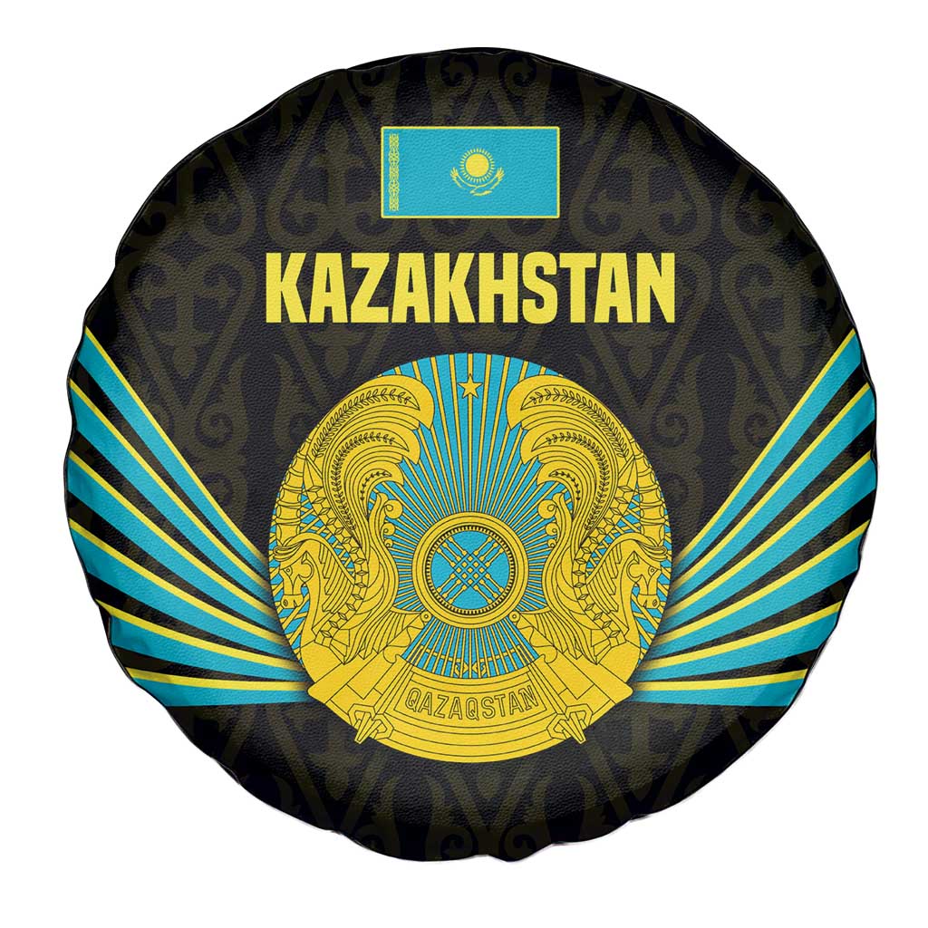 Kazakhstan National Emblem Spare Tire Cover with Black Tribal Pattern and Sun Eagle Motif