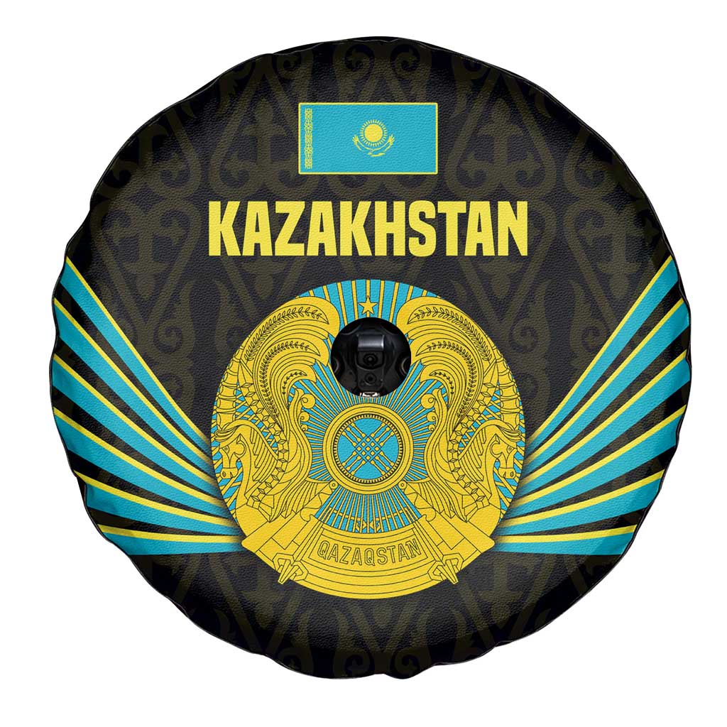 Kazakhstan National Emblem Spare Tire Cover with Black Tribal Pattern and Sun Eagle Motif