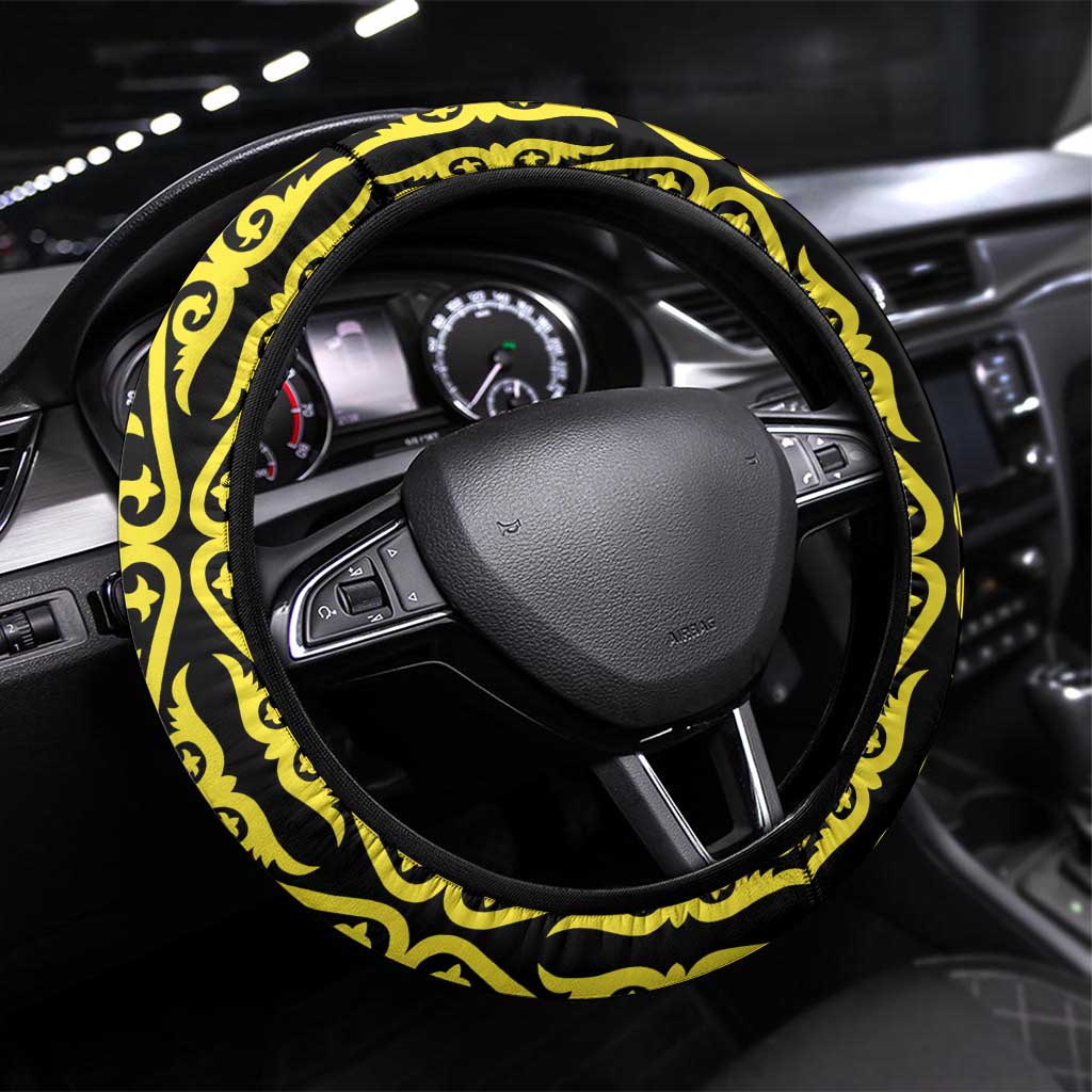 Kazakhstan National Emblem Steering Wheel Cover with Black Tribal Pattern and Sun Eagle Motif