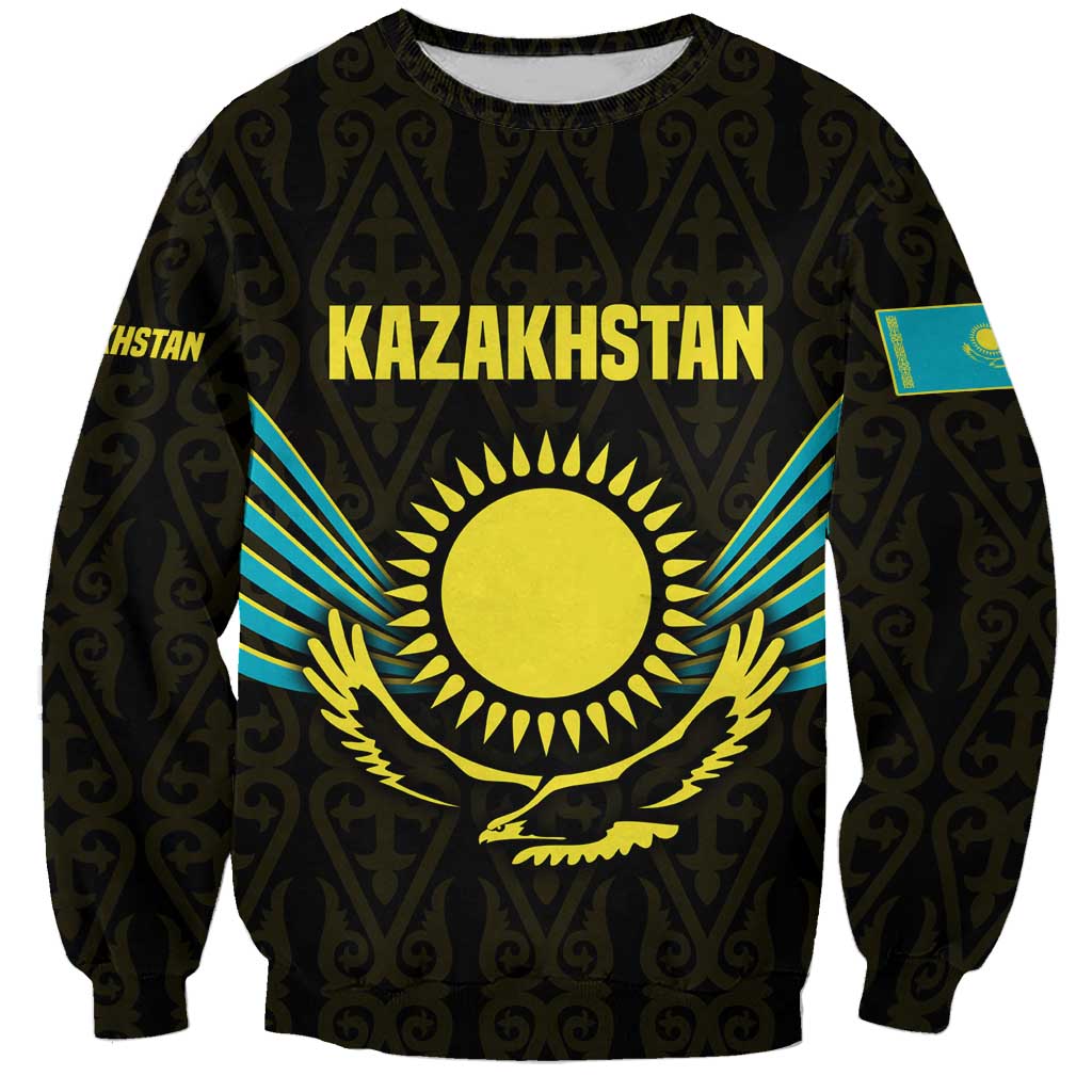 Kazakhstan National Emblem Sweatshirt with Black Tribal Pattern and Sun Eagle Motif