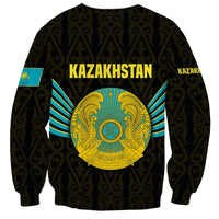Kazakhstan National Emblem Sweatshirt with Black Tribal Pattern and Sun Eagle Motif