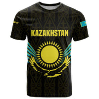 Kazakhstan National Emblem T Shirt with Black Tribal Pattern and Sun Eagle Motif