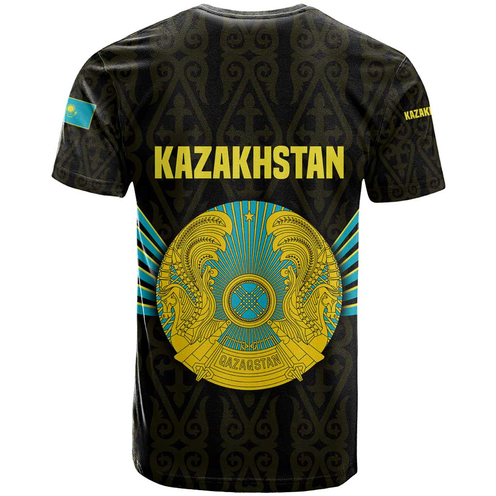 Kazakhstan National Emblem T Shirt with Black Tribal Pattern and Sun Eagle Motif