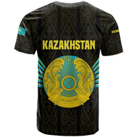 Kazakhstan National Emblem T Shirt with Black Tribal Pattern and Sun Eagle Motif
