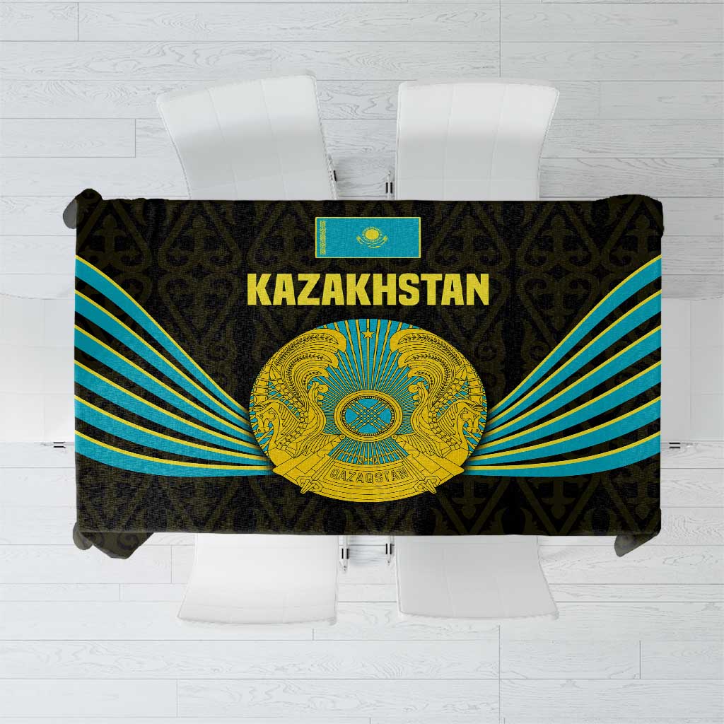 Kazakhstan National Emblem Tablecloth with Black Tribal Pattern and Sun Eagle Motif