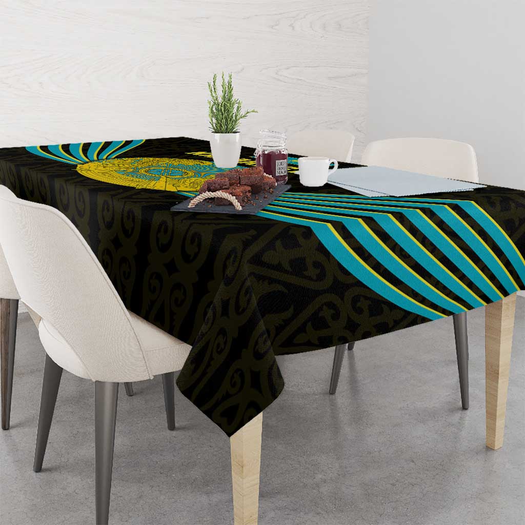 Kazakhstan National Emblem Tablecloth with Black Tribal Pattern and Sun Eagle Motif