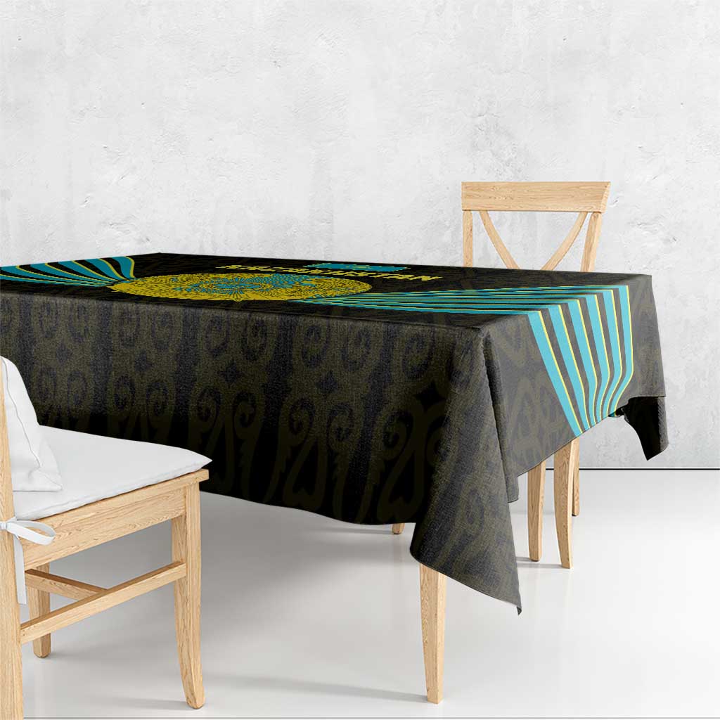 Kazakhstan National Emblem Tablecloth with Black Tribal Pattern and Sun Eagle Motif