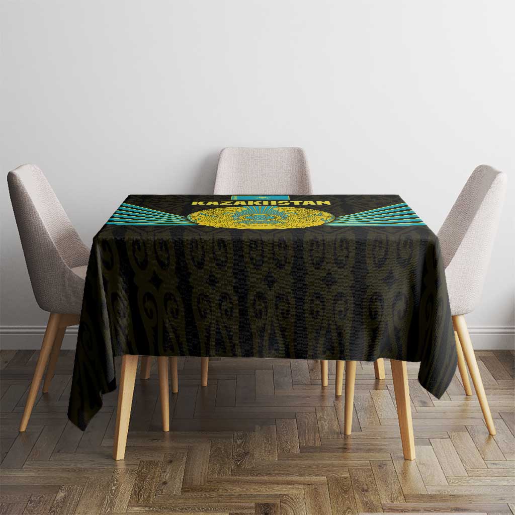 Kazakhstan National Emblem Tablecloth with Black Tribal Pattern and Sun Eagle Motif