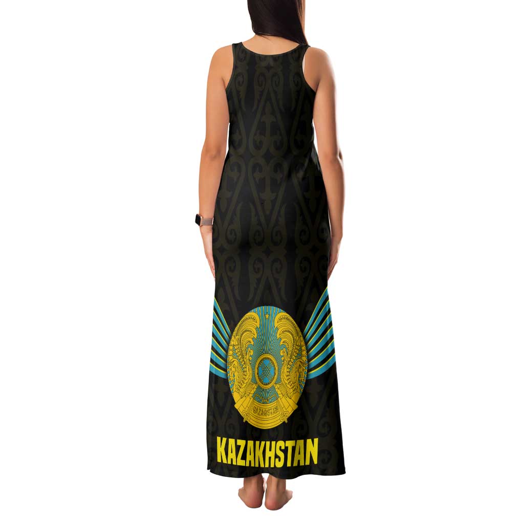 Kazakhstan National Emblem Tank Maxi Dress with Black Tribal Pattern and Sun Eagle Motif