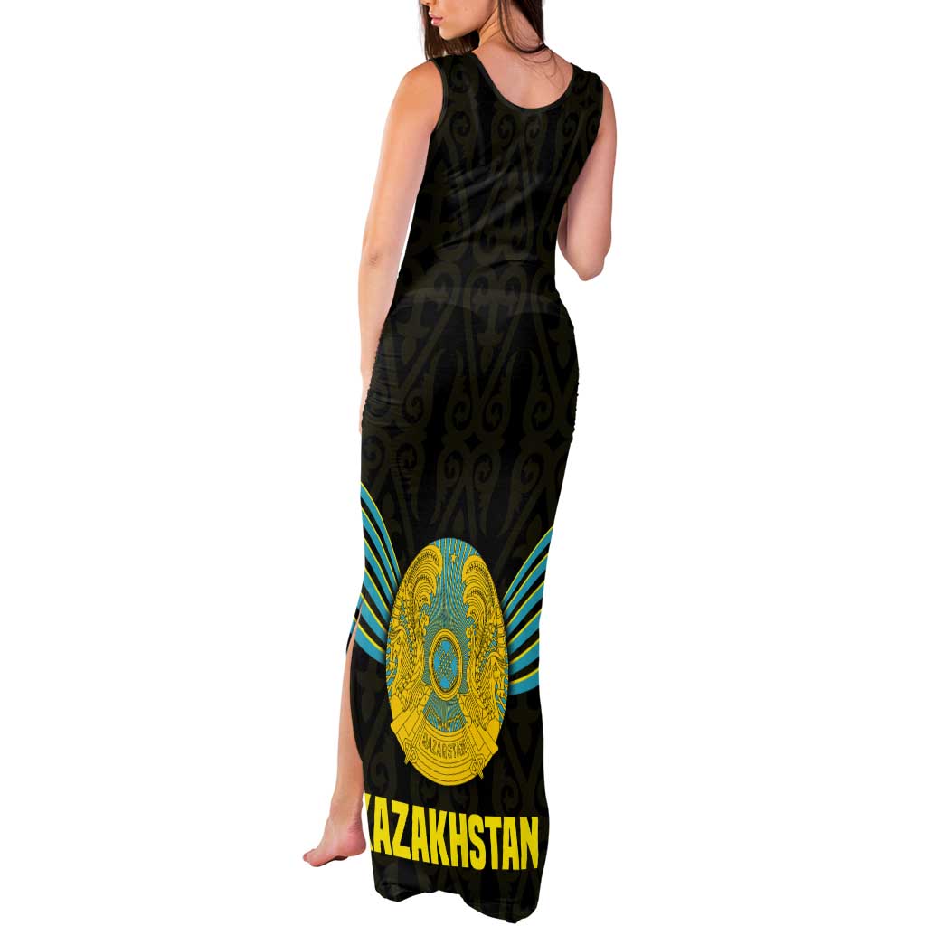 Kazakhstan National Emblem Tank Maxi Dress with Black Tribal Pattern and Sun Eagle Motif