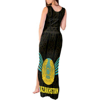 Kazakhstan National Emblem Tank Maxi Dress with Black Tribal Pattern and Sun Eagle Motif