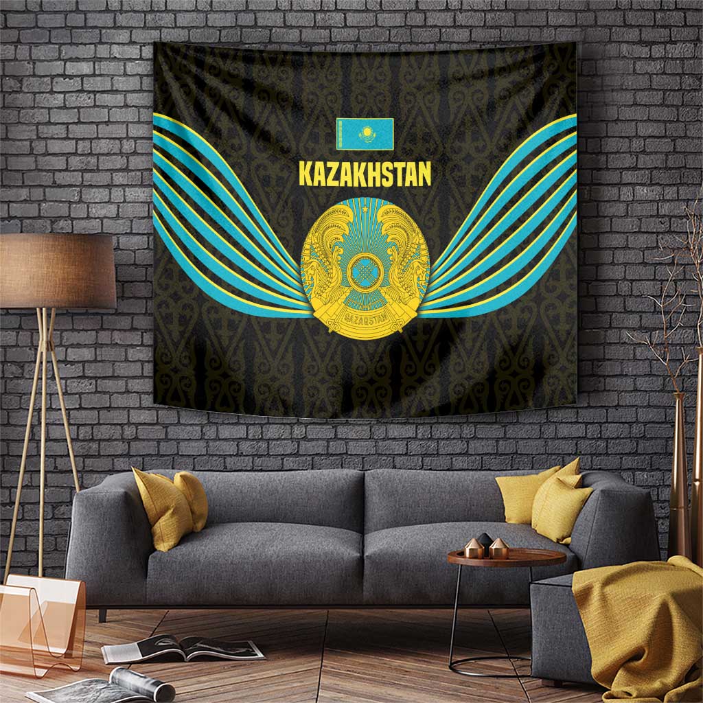 Kazakhstan National Emblem Tapestry with Black Tribal Pattern and Sun Eagle Motif