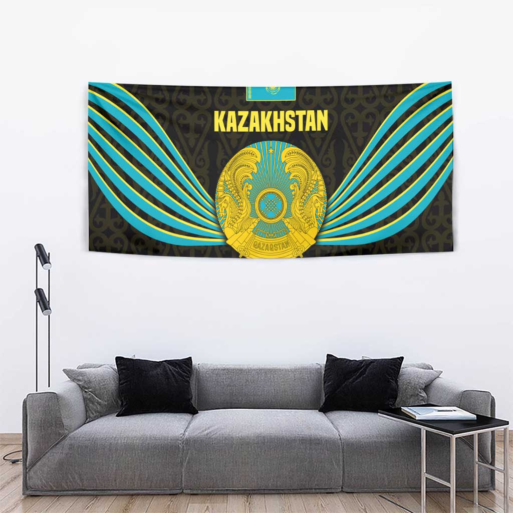 Kazakhstan National Emblem Tapestry with Black Tribal Pattern and Sun Eagle Motif