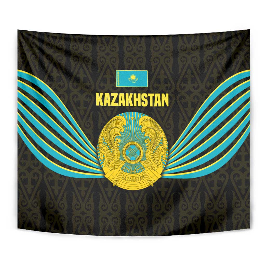 Kazakhstan National Emblem Tapestry with Black Tribal Pattern and Sun Eagle Motif