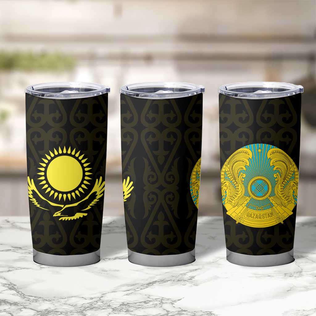 Kazakhstan National Emblem Tumbler Cup with Black Tribal Pattern and Sun Eagle Motif