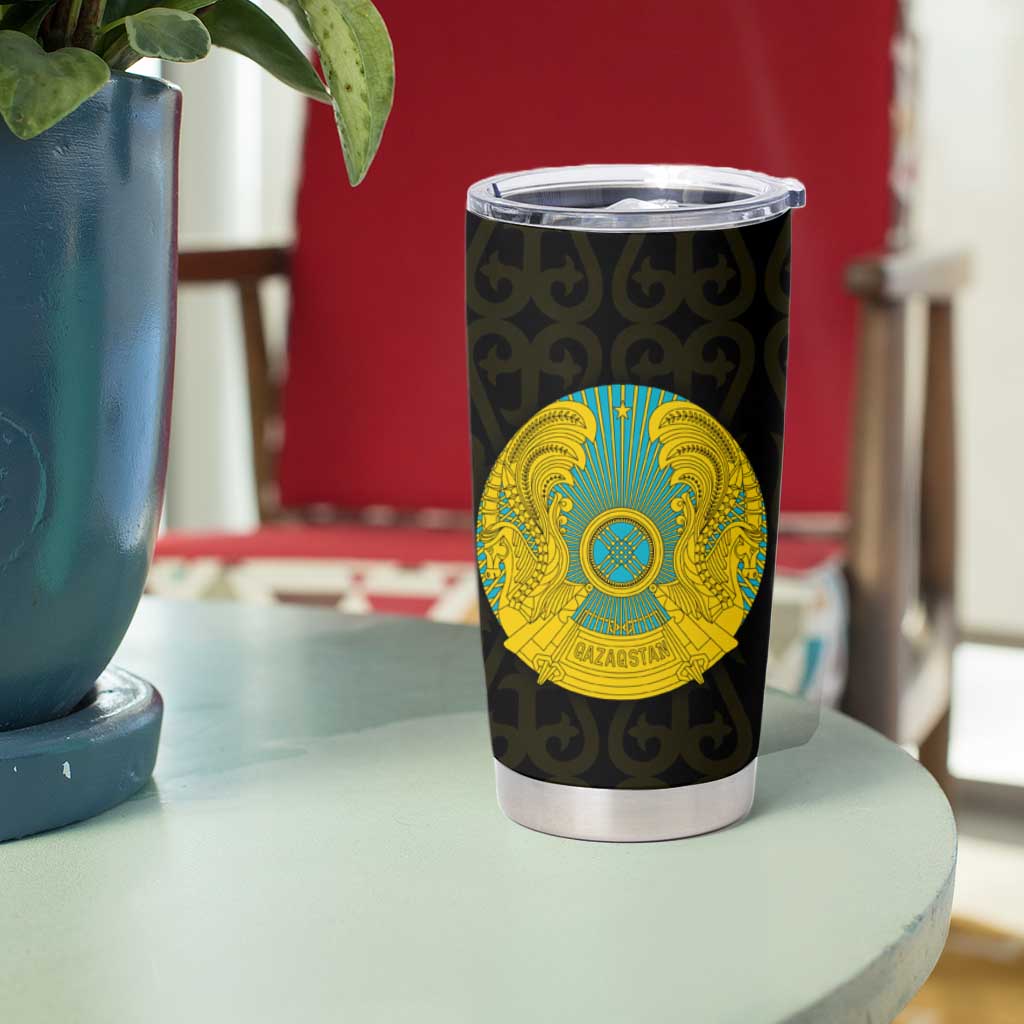 Kazakhstan National Emblem Tumbler Cup with Black Tribal Pattern and Sun Eagle Motif