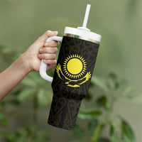 Kazakhstan National Emblem Tumbler With Handle with Black Tribal Pattern and Sun Eagle Motif