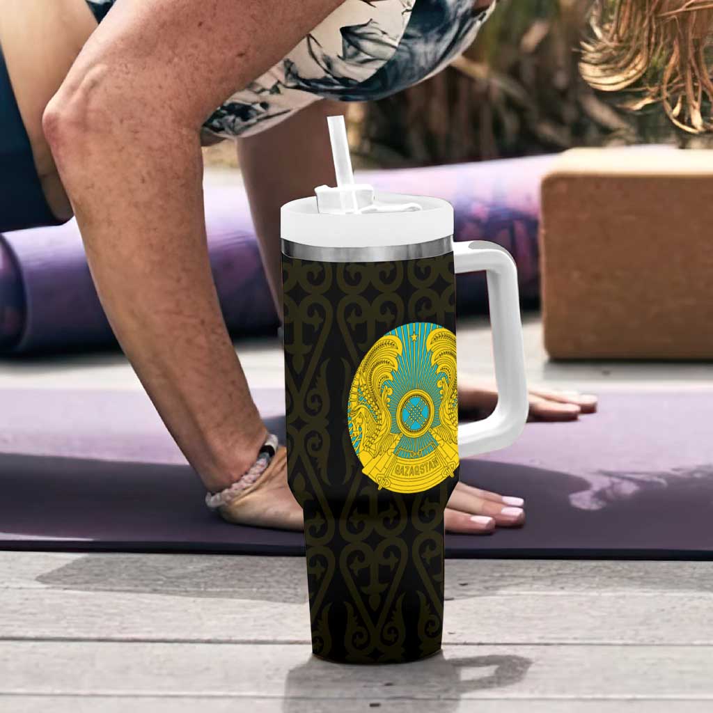 Kazakhstan National Emblem Tumbler With Handle with Black Tribal Pattern and Sun Eagle Motif