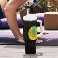 Kazakhstan National Emblem Tumbler With Handle with Black Tribal Pattern and Sun Eagle Motif