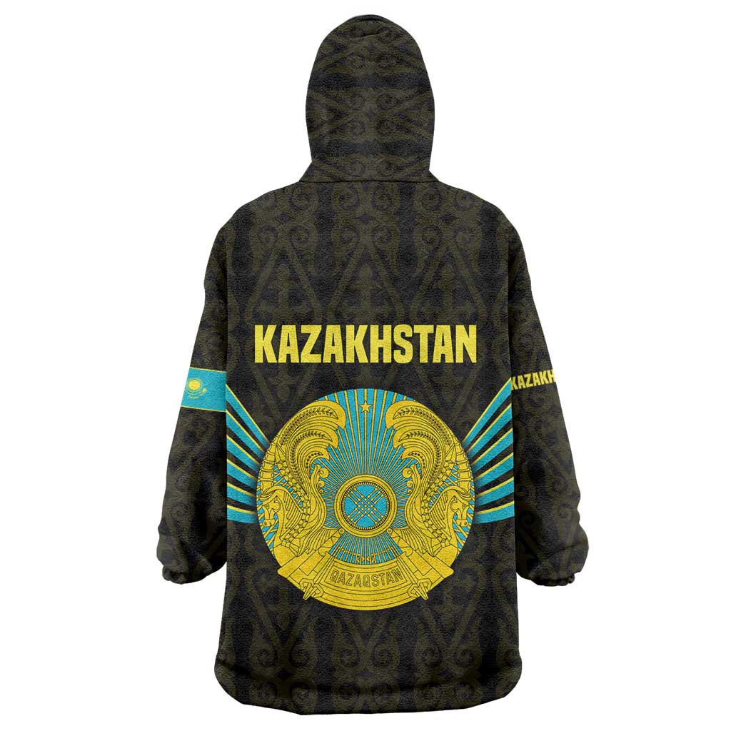Kazakhstan National Emblem Wearable Blanket Hoodie with Black Tribal Pattern and Sun Eagle Motif