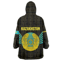 Kazakhstan National Emblem Wearable Blanket Hoodie with Black Tribal Pattern and Sun Eagle Motif
