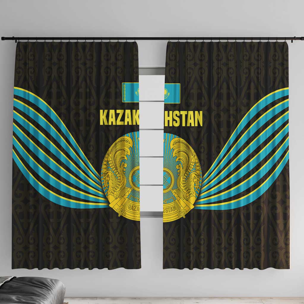 Kazakhstan National Emblem Window Curtain with Black Tribal Pattern and Sun Eagle Motif