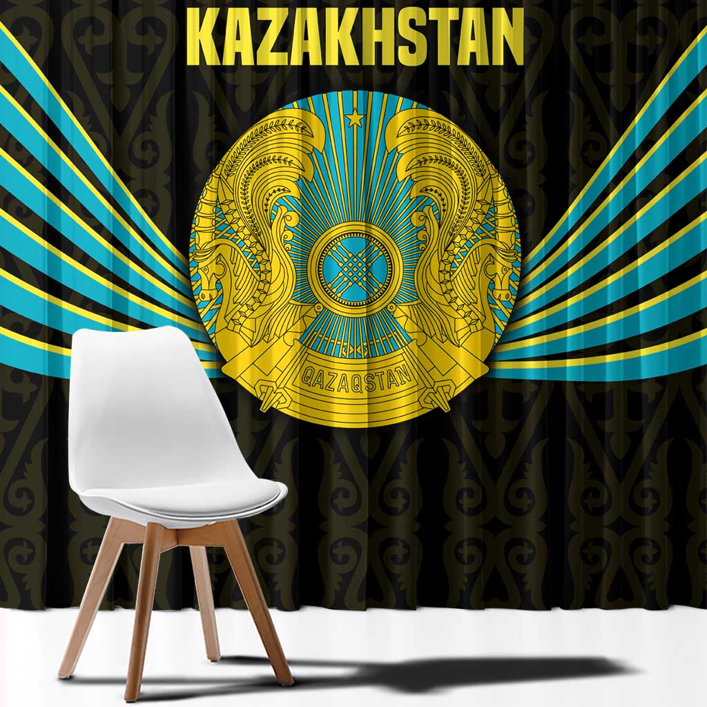 Kazakhstan National Emblem Window Curtain with Black Tribal Pattern and Sun Eagle Motif