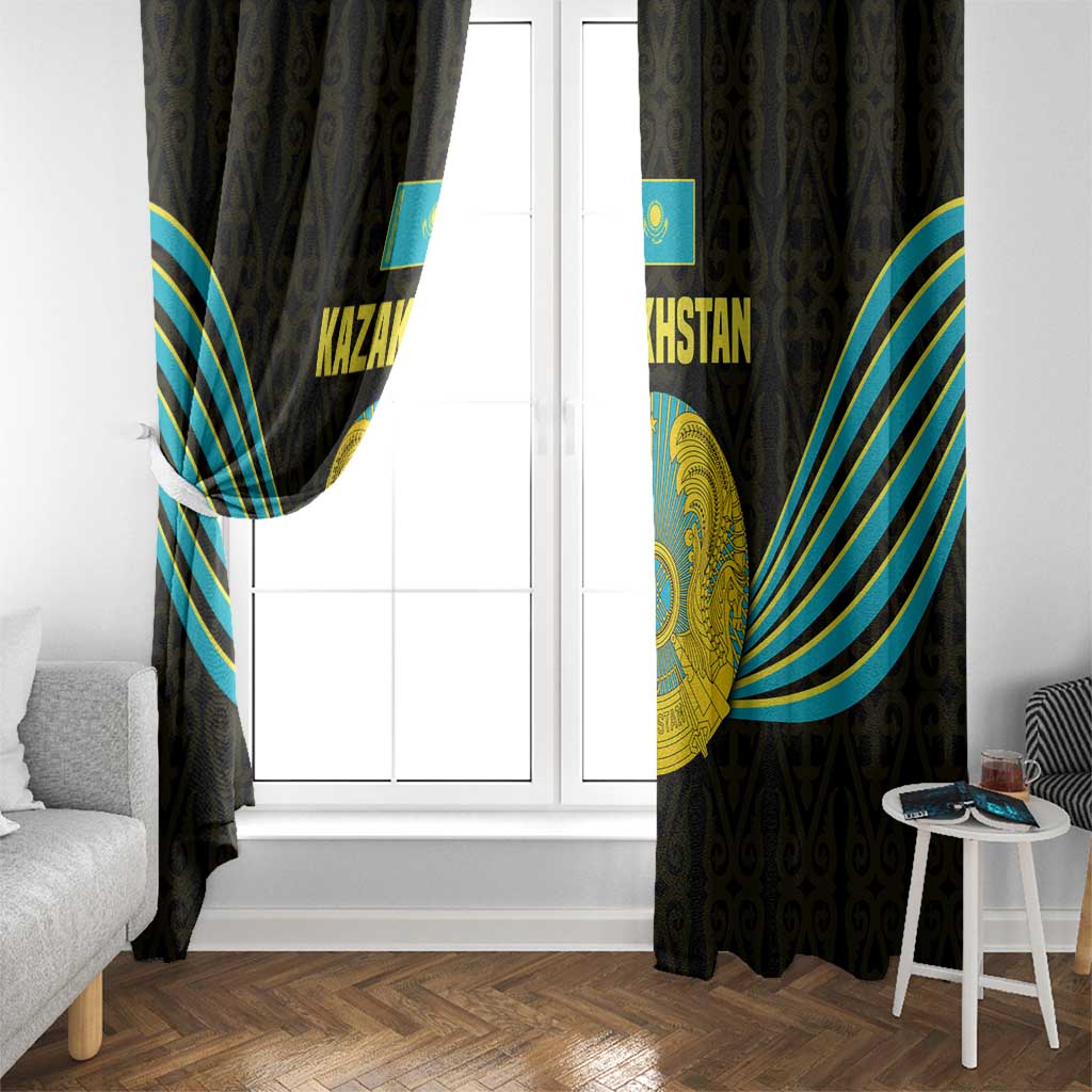 Kazakhstan National Emblem Window Curtain with Black Tribal Pattern and Sun Eagle Motif