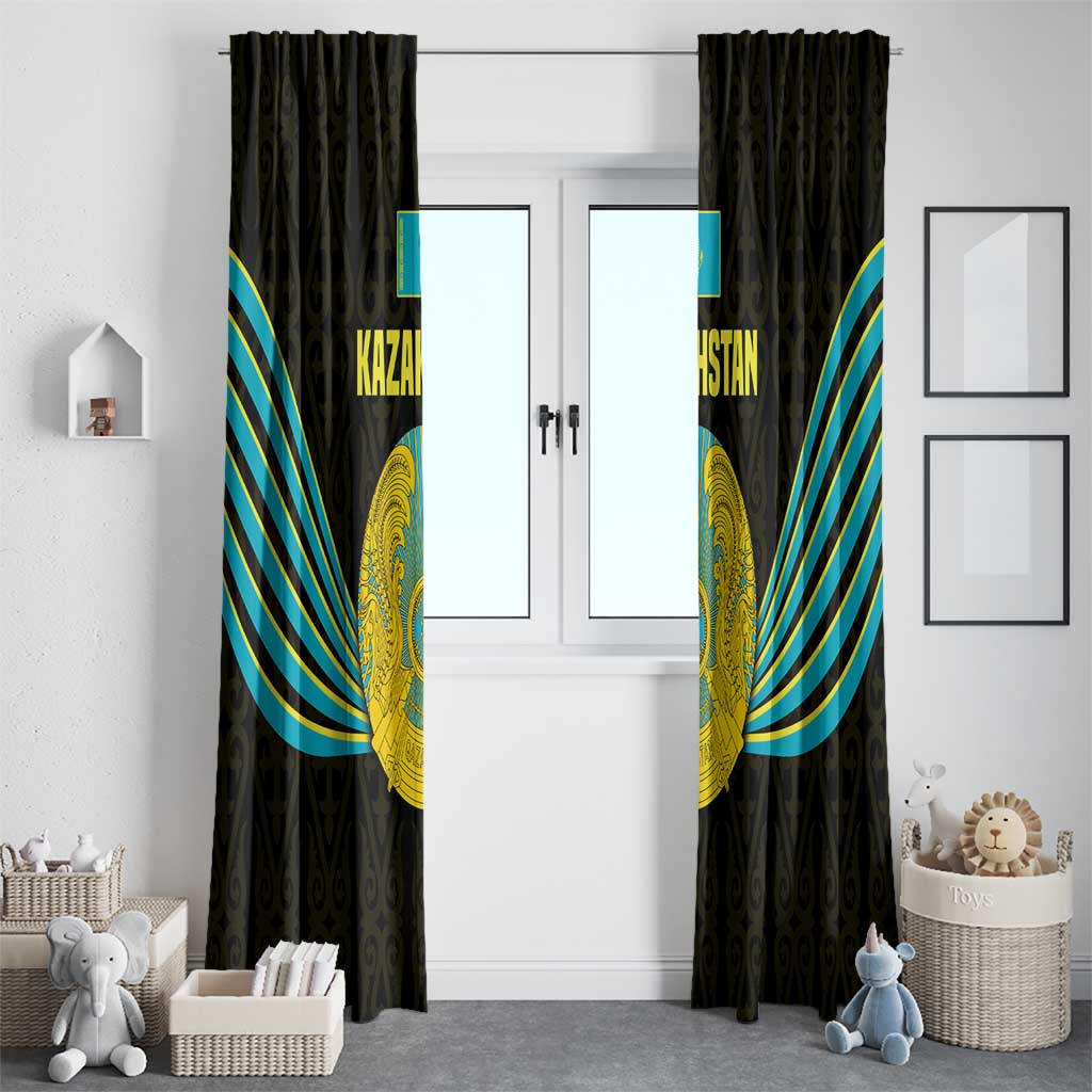 Kazakhstan National Emblem Window Curtain with Black Tribal Pattern and Sun Eagle Motif