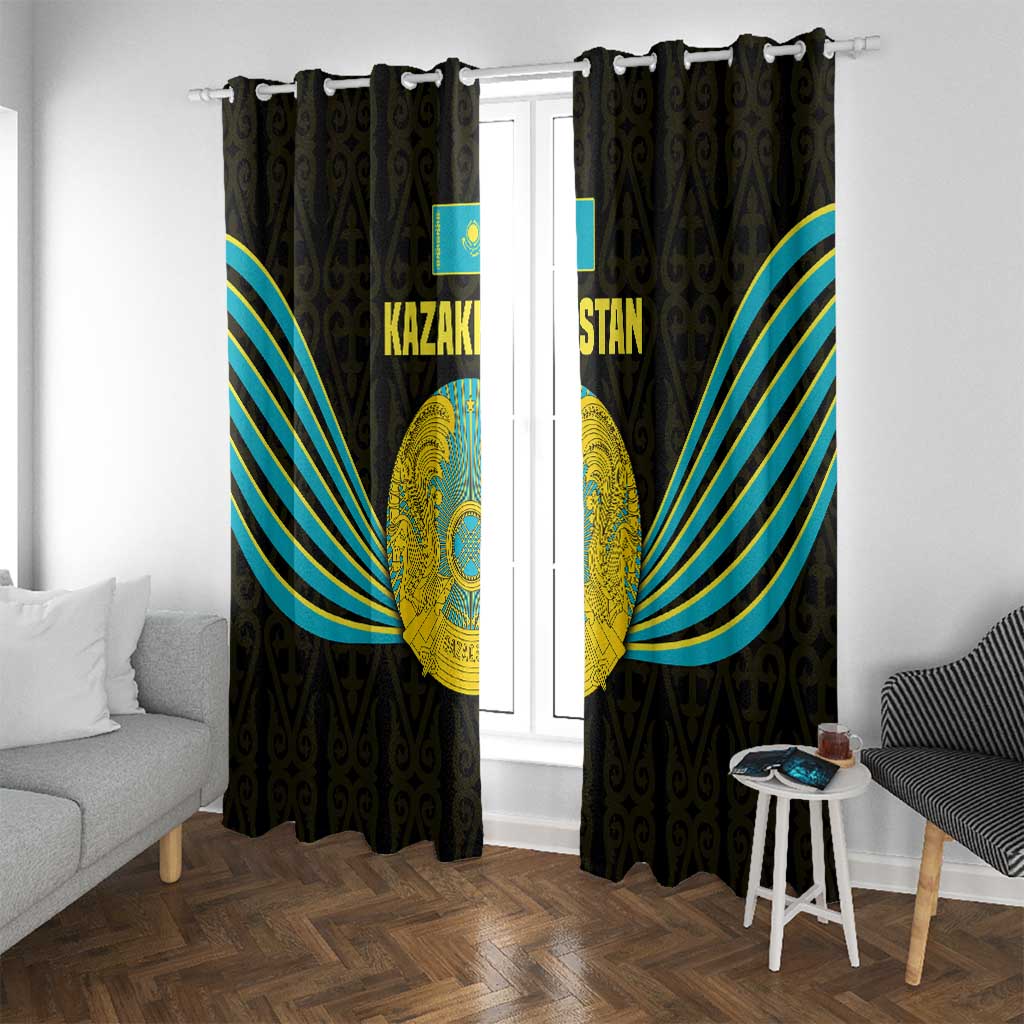 Kazakhstan National Emblem Window Curtain with Black Tribal Pattern and Sun Eagle Motif