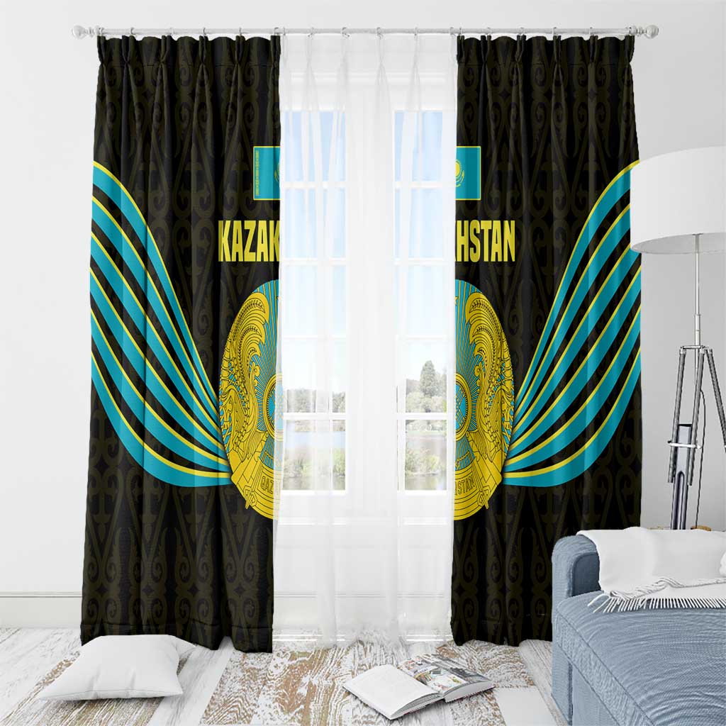 Kazakhstan National Emblem Window Curtain with Black Tribal Pattern and Sun Eagle Motif