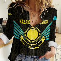 Kazakhstan National Emblem Women Casual Shirt with Black Tribal Pattern and Sun Eagle Motif