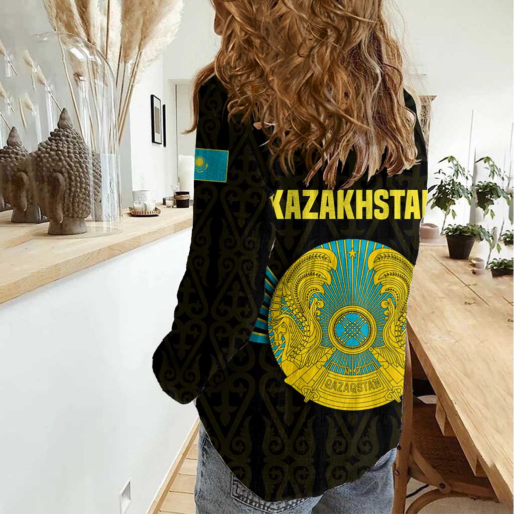 Kazakhstan National Emblem Women Casual Shirt with Black Tribal Pattern and Sun Eagle Motif