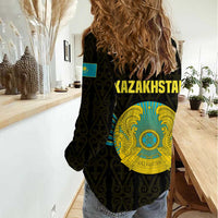 Kazakhstan National Emblem Women Casual Shirt with Black Tribal Pattern and Sun Eagle Motif