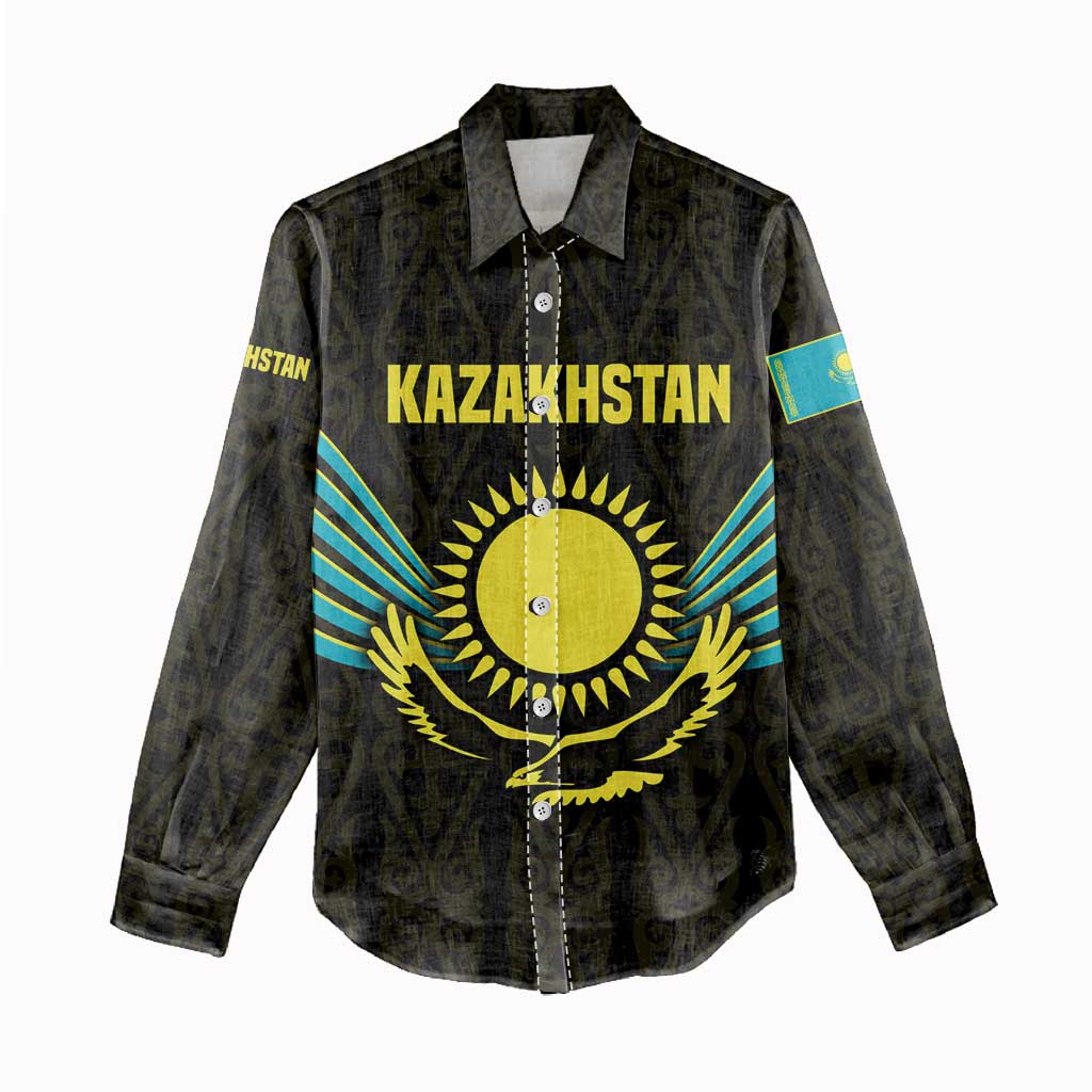 Kazakhstan National Emblem Women Casual Shirt with Black Tribal Pattern and Sun Eagle Motif