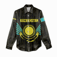 Kazakhstan National Emblem Women Casual Shirt with Black Tribal Pattern and Sun Eagle Motif
