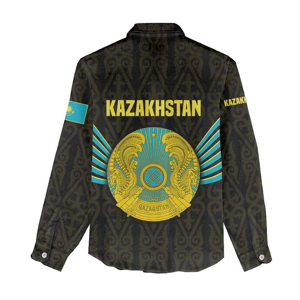 Kazakhstan National Emblem Women Casual Shirt with Black Tribal Pattern and Sun Eagle Motif