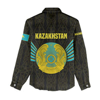 Kazakhstan National Emblem Women Casual Shirt with Black Tribal Pattern and Sun Eagle Motif
