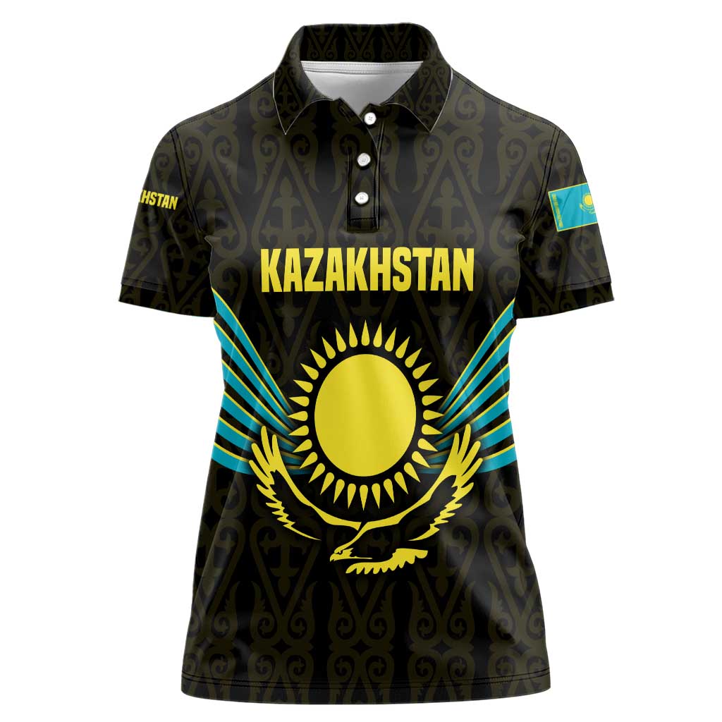 Kazakhstan National Emblem Women Polo Shirt with Black Tribal Pattern and Sun Eagle Motif